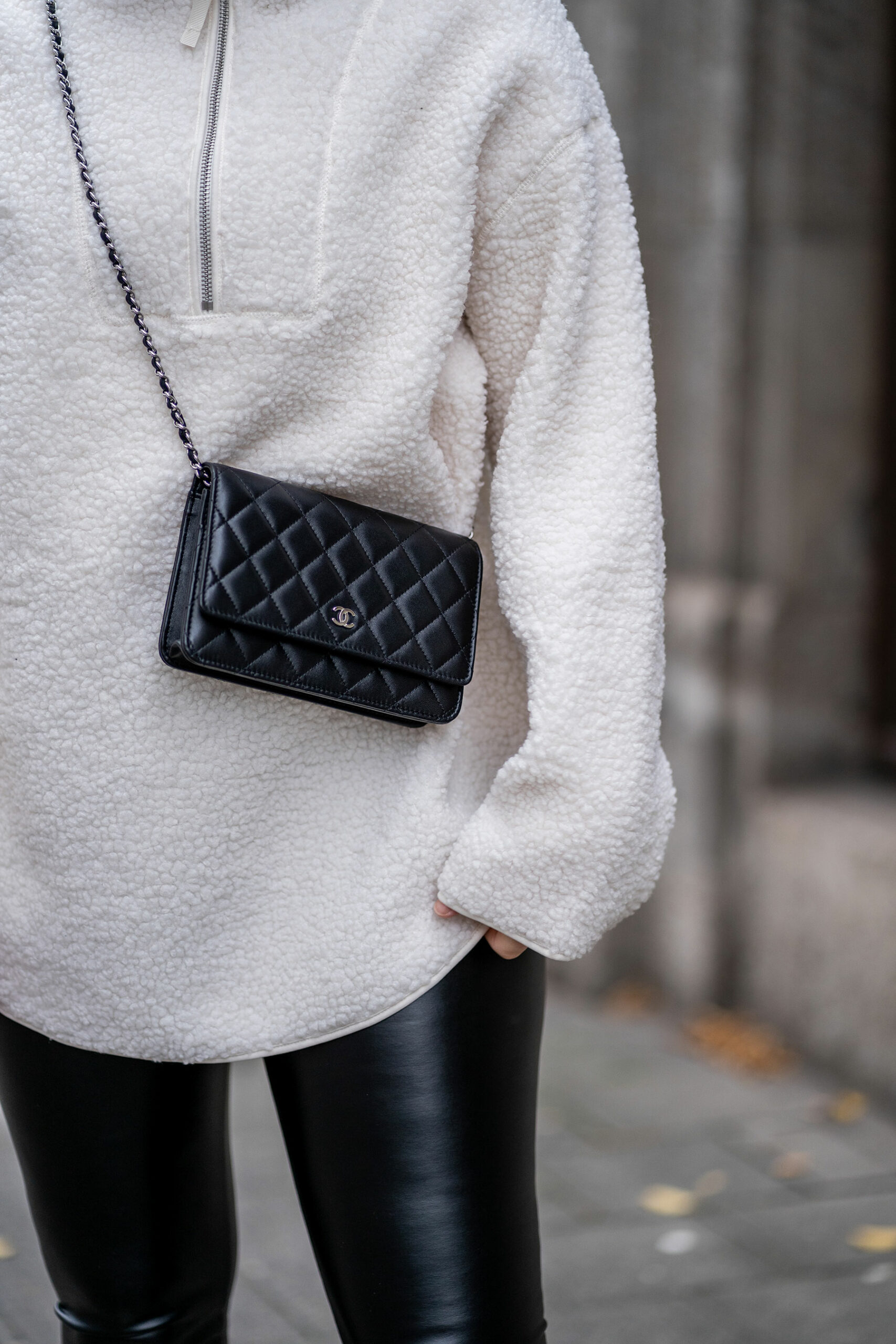 chanel wallet on chain teddy pullover outfit